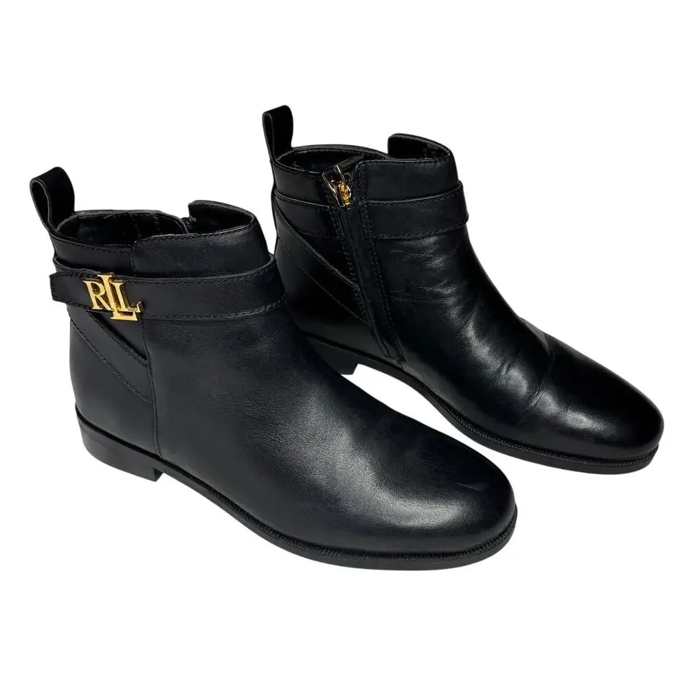 Lauren Ralph Lauren Bonne Black Leather Ankle Boots Size 6B